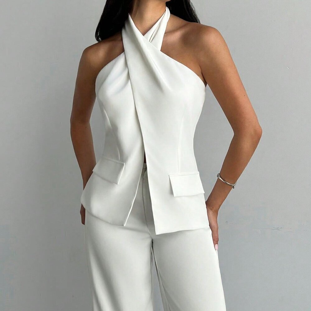 White Casual Women's Old Money Sleeveless Shirt - Picture 3 of 6